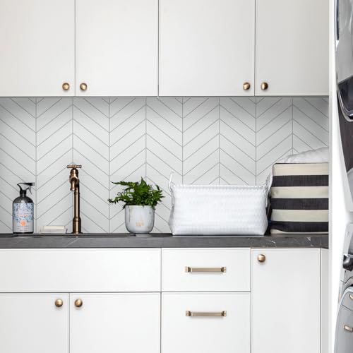 STICKGOO Herringbone Peel and Stick Backsplash, White/Grey Grout, 10 Sheets - color: White With Grey Grout, size: Pack of 10