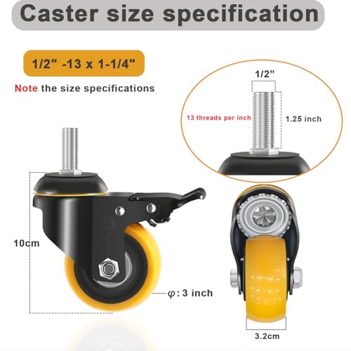 3 Inch Stem Caster Wheels 1/2" Threaded Casters Set of 4 Heavy Duty - color: orange, size: 3in (1/2"-13)