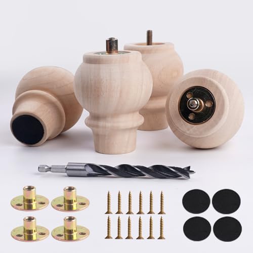 Solid Wood Furniture Legs 4 Inches Set of 4 - Wooden Couch Legs Sofa Legs Replacement - Furniture Feet for Table Risers,Bench,Cabinet,Dresser,Ottoman (Unfinished, 4” Height) - color: Unfinished, size: 4 Inch