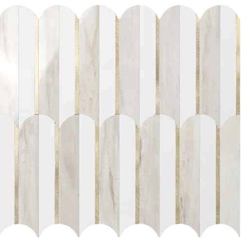 Vamos Tile Peel and Stick Backsplash Seamless Tile for Kitchen and Bathroom - color: Matt White + Glossy Wooden Marble+Brushed Light Gold