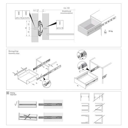 Full Extension Ball Bearing Drawer Runners 350 mm with Automatic Soft Closing Mechanism Side Mounted Buffering Cushioning Drawer Slide Load Capacity 35 kg (1 Set)