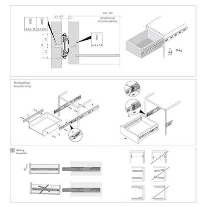 Full Extension Ball Bearing Drawer Runners 350 mm with Automatic Soft Closing Mechanism Side Mounted Buffering Cushioning Drawer Slide Load Capacity 35 kg (1 Set)