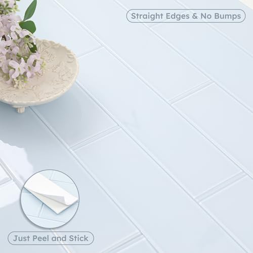 Diflart Peel and Stick Glass Subway Tiles, Light Blue, 3x12 Inch, Glass Backsplash for Kitchen Bathroom Wall Tiles, Pack of 20 Pieces - color: Light Blue, size: 3x12 Inch