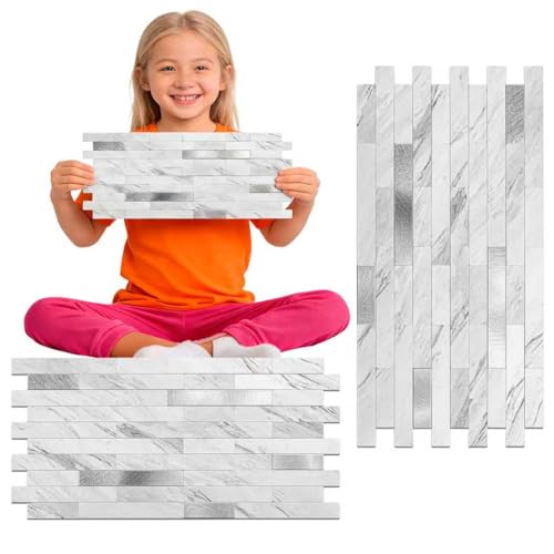 Peel and Stick Backsplash Tile Waterproof Removable PVC Wall Sticker 3D Faux Stone Marble Brick White Accent Panels (White Marble - Metal Silver, 20 Tiles - 9 sq. ft. (0.84 M²)) - color: White Marble - Metal Silver, size: 20 Tiles - 9 sq. ft. (0.84 M²)
