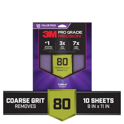 3M Pro Grade Precision Sanding Sheets with No-Slip Grip, 9 x 11 in, 80 Grit, 10-Pack (SHR80-PGP-10T) - style: 80 Grit, 10 Sheets, 9" x 11"
