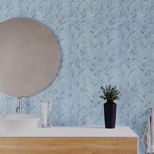 VaryPaper 32"x354" Light Blue Herringbone Peel and Stick Wallpaper Grasscloth Wallpaper for Bedroom Bathroom Waterproof Removable Self Adhesive Vinyl Faux Grass Cloth Contact Paper for Cabinets Desk - size: 32" x 354"
