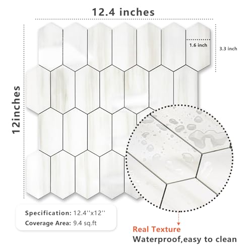 Vamos Tile Long Hexagon Peel and Stick Backsplash Tile - 10 Sheets Stick on Backsplash for Kitchen and Bathroom 12.4 x 12 Inch Glossy Dolomite White PVC Self Adhesive Mosaic Wall Tiles - color: Glossy Dolomite White
