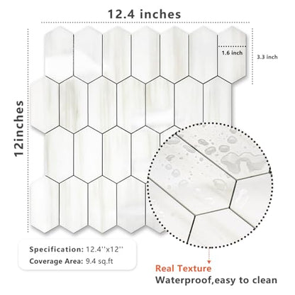 Vamos Tile Long Hexagon Peel and Stick Backsplash Tile - 10 Sheets Stick on Backsplash for Kitchen and Bathroom 12.4 x 12 Inch Glossy Dolomite White PVC Self Adhesive Mosaic Wall Tiles - color: Glossy Dolomite White