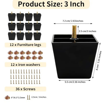 FabricJoy 12 Pack 3 Inch Plastic Furniture Legs Square Sofa Couch Legs Replacement Tapered Feet with M8 T-Nuts Screws for Legs Sofas Table Chairs Cabinets Dressers Beds - size: 3 inch
