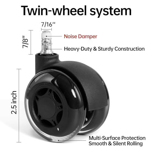2.5 Inch Office Chair Wheels Set of 5 - Dual Rubber Wheels for Hardwood & Carpet - Heavy Duty Smooth Quiet Rolling Casters Replacement Universal Fit Computer Desk Gaming Chair - size: 2.5 Inch