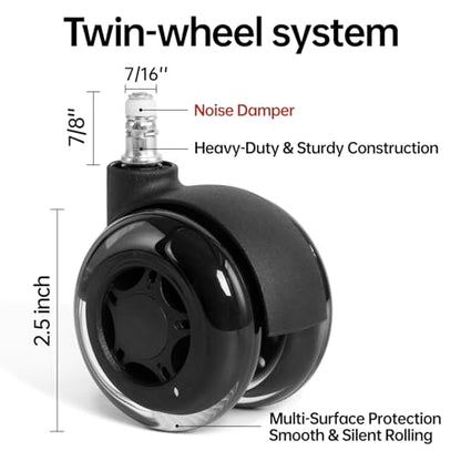 2.5 Inch Office Chair Wheels Set of 5 - Dual Rubber Wheels for Hardwood & Carpet - Heavy Duty Smooth Quiet Rolling Casters Replacement Universal Fit Computer Desk Gaming Chair - size: 2.5 Inch