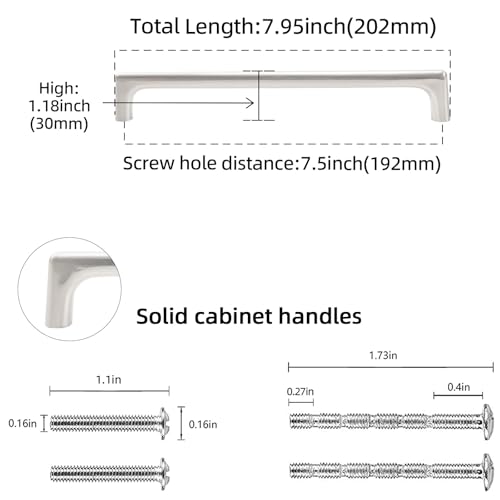 10 Pack 7.5 inch Brushed Satin Nickel Kitchen Cabinet Handles - color: Brushed Satin Nickel, size: 7-1/2 inch Hole Center
