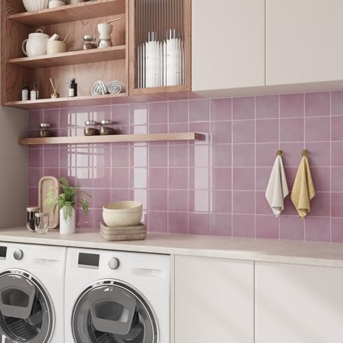 CRE8TIVE 16 Sheets Peel and Stick Tiles Backsplash, 12"x12" Backsplash Tile for Kitchen Peel and Stick, Adhesive Waterproof Tile Stickers for Bathroom, Laundry Room, Shower Walls (Pastel Pink Square) - size: 12"x12" (16-Sheets)