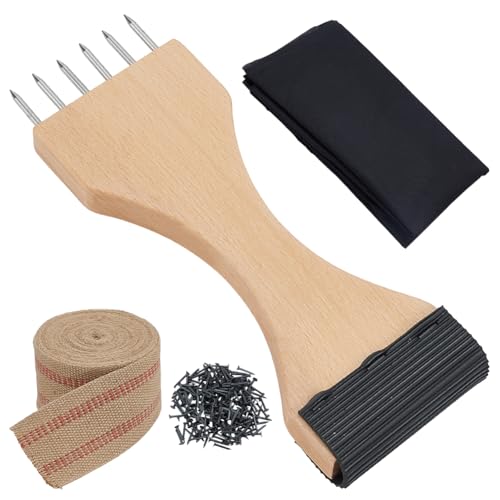 WEBEEDY Upholstery Tool Set with Wood Webbing Stretcher Puller, 10.9 Yards x 3.5 inch Jute Webbing Tape, 1/2" Black Upholstery Tacks Upholstery Cambric Dust Cover Fabric Replacement