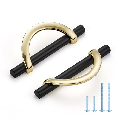Polished Brass & Matte Black Cabinet Pulls Curved 3-3/4 Inch/96 mm, 10 Pack - color: Gold & Matte Black, size: 3-3/4 Inch Hole Center