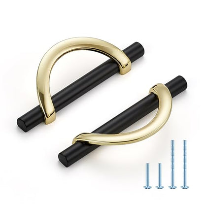 Polished Brass & Matte Black Cabinet Pulls Curved 3-3/4 Inch/96 mm, 10 Pack - color: Gold & Matte Black, size: 3-3/4 Inch Hole Center