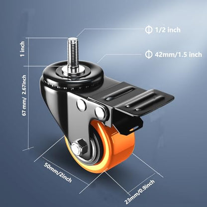 Stem Casters Set of 4 Heavy Duty, 2 inch Swivel Screw in Caster Wheels - color: Orange, size: 2in(1/2"-13)