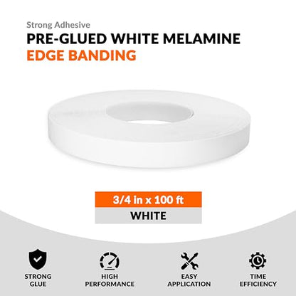 White Edge Banding 3/4 inch x 100 ft Melamine Iron On Adhesive Edging Cabinet Repair Laminate Shelf Board Countertop Furniture Strip Wood Veneer Tape Trim Peel Stick Cabinet Molding Vinyl PVC Iron - color: White, size: 3/4 in x 100 ft