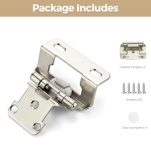 4 Pack 2 Pair Brushed Nickel Cabinet Hinges, 1/2" Semi Wrap Kitchen Hinge - color: Satin Nickel, size: 1/2" Semi Wrap