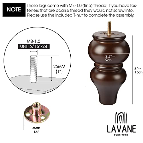La Vane 8 inch Solid Wood Turned Furniture Legs with M8 Bolts,Walnut,4PCS - color: Walnut, size: 8"(20cm)