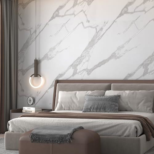 Marble Contact Paper White Peel and Stick Wallpaper for Countertops - color: White and Silver, size: 48" x 78"