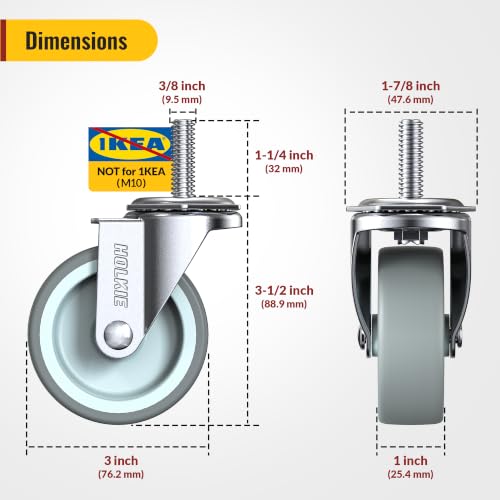 HOLKIE Caster Wheels 3 inch with No Brake Stem Casters, 3/8" -16 x 1-1/4" (Stem Diameter 3/8", Stem Length 1-1/4") Threaded Swivel Casters Set of 12 Heavy Duty Castors Grey - color: Grey-12Pack, size: 3/8" -16 x 1-1/4"