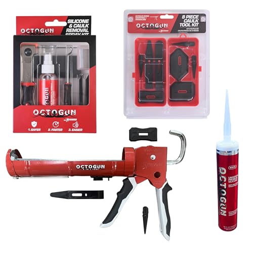 Newborn Octogun Complete Caulking Bundle | Pro Drip-Free Caulk Gun, Universal Silicone Sealant, 8-Piece Smoothing Tool Kit, and Caulk Removal Set | All-in-One Home Repair & Sealing Pack - size: Red, style: Gun + Tools & Silicone Bundle