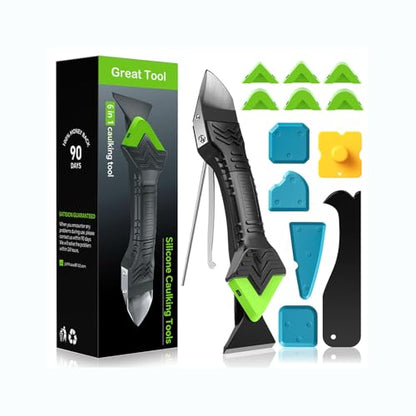 Caulking Tool 6 in 1 Silicone Caulking Grout Removal Sealant Finishing Tool with Grout Scraper, 6 Exchange Silicone Pads, Adhesive Residue Scraper Seam Repair Kit for Kitchen Bathroom