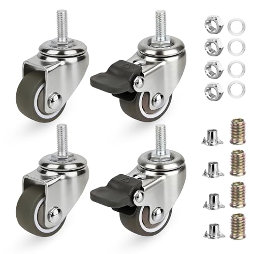 1 Inch Caster Wheels with Threaded Stem, Metric M6*15 mm Screw Swivel Casters with Brakes, Set of 4 Non-Marks Small Rubber Replacement Wheels for Furniture, Carts, Desks, Wire Shelving