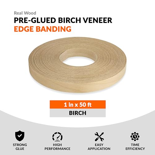 Birch Veneer Edge Banding 1 inch x 50 ft Pre Glued Wood Adhesive Edging Trim Tape Iron On Flexible Strips Roll Furniture Laminate Glue Plywood Sheets Strips Sheet Band Formica Glue Bendable Flexible - size: 1 in x 50 ft