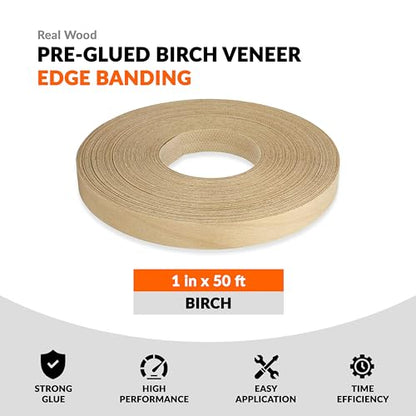 Birch Veneer Edge Banding 1 inch x 50 ft Pre Glued Wood Adhesive Edging Trim Tape Iron On Flexible Strips Roll Furniture Laminate Glue Plywood Sheets Strips Sheet Band Formica Glue Bendable Flexible - size: 1 in x 50 ft