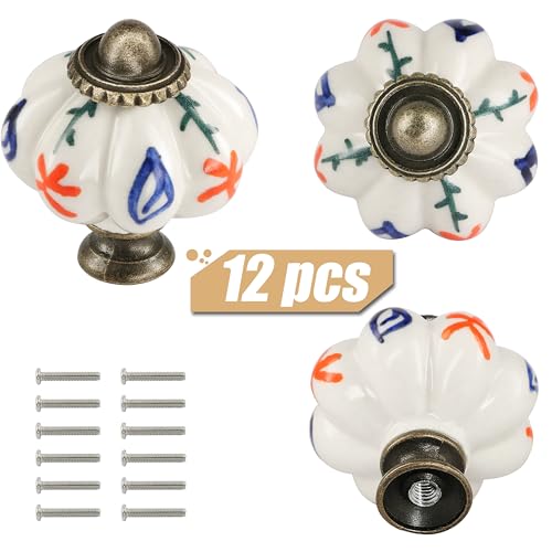 12pcs Ceramic Pumpkin Knobs - Red Flower & Branch - style: Red Flower & Branch