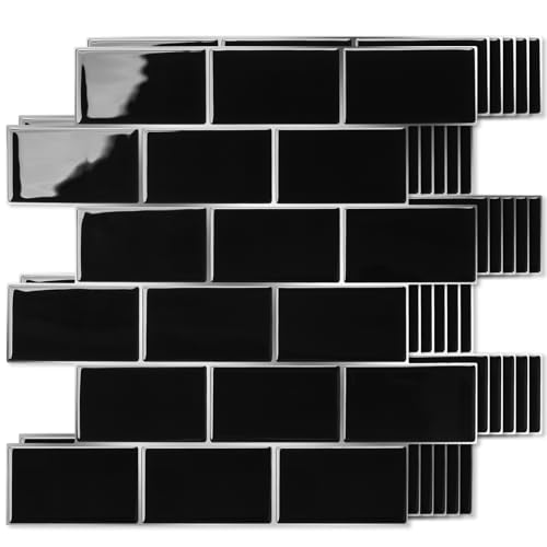 Art3d 10-Pack Subway Peel and Stick Backsplash, Black with Silver Grout - color: Black With Silver Grout