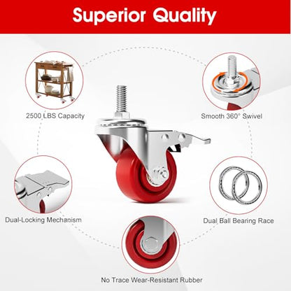 Caster Wheels, Threaded Stem Casters Set of 4 Heavy Duty,1/2"-16 x 1(Stem Diameter 1/2", Length 1"), Dual Locking Caster, Industrial Castor Wheels for Furniture,Carts - color: Silver-Red