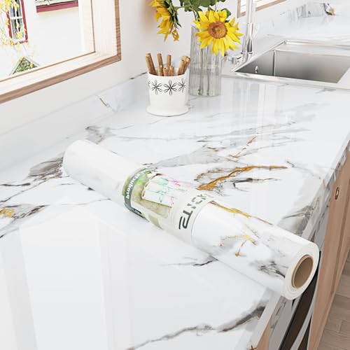 Glossy White/Grey Marble Contact Paper for Kitchen Counter Top Peel and Stick Waterproof Marble Wallpaper 17.7"x120" Self Adhesive Modern White Countertop Contact Paper for Bathroom Cabinets - size: 17.7" x 120"