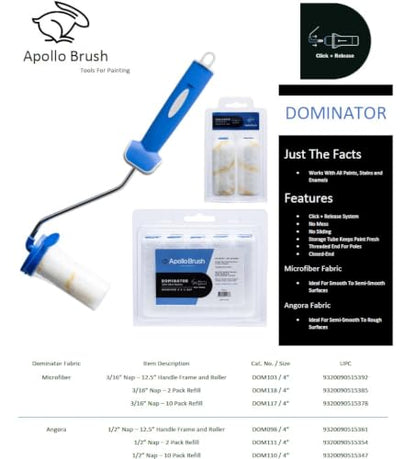 Apollo Brush Dominator 4 Inch Mini Paint Roller with Frame and Storage Tube, 3/16 Inch Nap Microfiber, Click and Release System, Works with All Paints and Stains, Walls, Trim, Cabinets and More