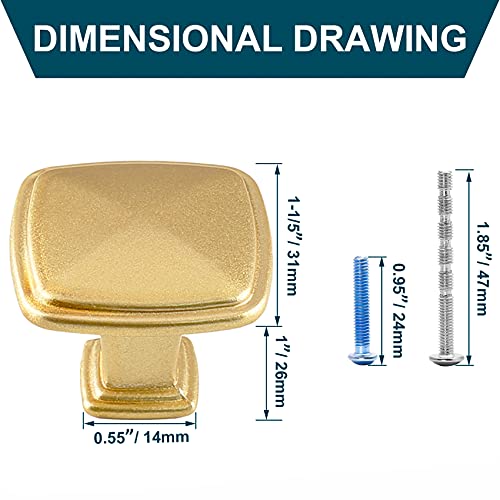 25 Pack Brushed Brass Cabinet Knobs, 1-1/5" Square