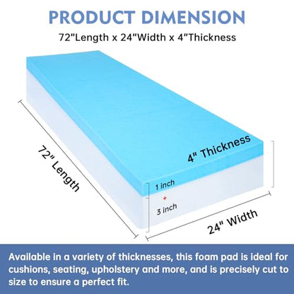 Upholstery Foam, 72" x 24" x 4" High Density Gel Memory Foam Padding Couch Cushion Support, Cut to Size Foam Replacement Pad for Sofa Sag Support - size: 72" X 24" X 4"