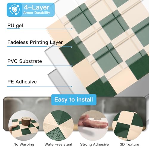 Art3d Grid Tile Peel and Stick Backsplash, 10-Pack, Dark-Green & Warm White - color: Dark-green and Warm White