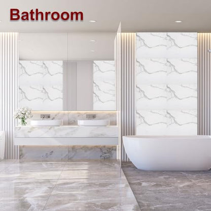 HARFINGTON 15pcs Peel and Stick Marble Tiles, Waterproof Wall Panel Backsplash, 12"x12" PVC Peel and Stick Shower Tiles for Bathroom, Kitchen, Living, White with Grey Veins Design - style: White with Grey Veins