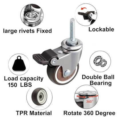2" Thread Caster 1/4"-20UNC x 1" Stem Set of 4 All Brake Quiet Wheels - size: 2" Caster 1/4in Stem