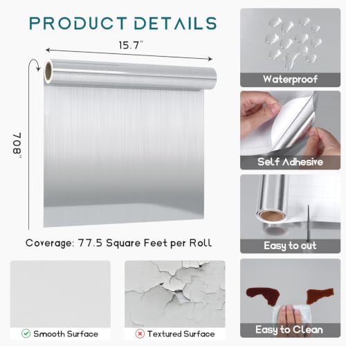 VEELIKE 15.7''x708'' Stainless Steel Contact Paper for Appliances Heat Resistant Self Adhesive Wallpaper for Kitchen Countertops Refrigerator Dishwasher Washing Machine Oven Door Metal Furniture - size: 708.7" x 15.7"