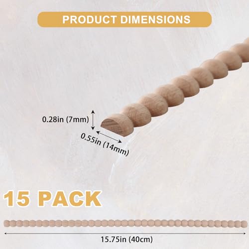 Soengsau 15-Pack 15.75" Unfinished Wood Beaded Trim - Easy to Paint, Cute Decorative Molding DIY Craft for Furniture Frame, Mirror Edge, Wall, Door, Closet, Dresser, Shelf - size: 0.55" (14mm)