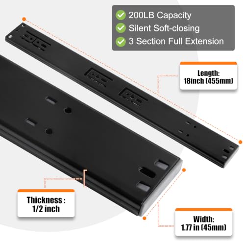 HBL'10 Pairs Soft Close Drawer Slides 18 inch,Full Extension,200Lbs Load - color: Black, size: 18 Inch