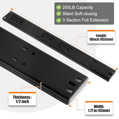 HBL'10 Pairs Soft Close Drawer Slides 18 inch,Full Extension,200Lbs Load - color: Black, size: 18 Inch