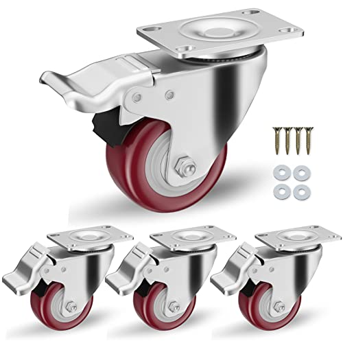 2" Heavy Duty Plate Casters with Brake, Set of 4 - color: Red, size: 2 inch