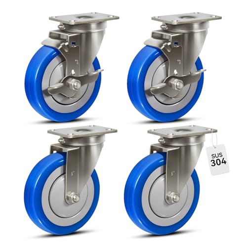 5" Stainless Steel Casters, Swivel Industrial Casters Set of 4 Heavy Duty, Anti-Corrosion Rust-Proof Plate Polyurethane Caster Wheels for Cart (2 Brake& 2 Swivel) - style: 2 Brake&2 Swivel