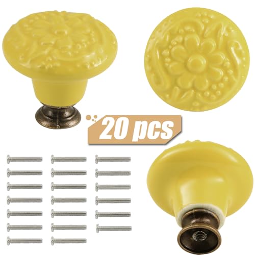 Ceramic Cabinet Knobs, Embossed Floral Design - Yellow, 20pcs - color: Yellow
