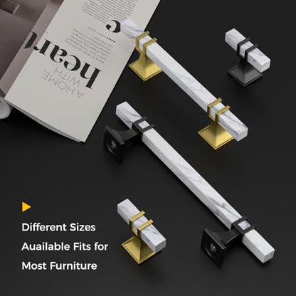 Rergy 10 Pack Cabinet Handles, White Marble & Matte Gold Pulls, 6.25" - color: White Marble & Matte Gold &Square, size: 6-1/4 inch (160mm) Hole Center