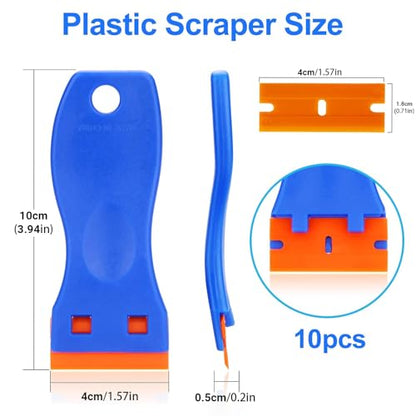 Plastic Razor Blade Scraper Tool,with 10pcs Double Edged Plastic Scraper toolnon Scratch, for Removing Labels Stickers Decals on Glass Windows - color: Plastic scraper